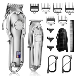 SUPRENT® PRO Professional Hair Clippers for Men- Hair Cutting Kit & Zero Gap T-Blade Trimmer Combo- Cordless Barber Clipper Set with LED Display for Mens Gifts (Silver)
