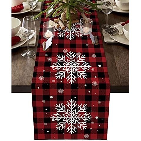 PIEPLE Christmas Table Runner-Red Black Buffalo Plaid Check Snowflake-Cotton Linen-Winter Dinner Scarf Décor,Long 72 Inch Holiday Dresser Scarves,Farmhouse Xmas Kitchen Dining Living Room Tablerunner Cover