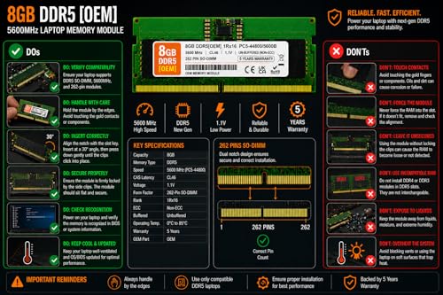 Image of 8GB DDR5 5600MHz OEM Laptop RAM Compatible with Micron [Key Specs: PC5-44800 /5600B | 262-Pin SO-DIMM | CL46 | 1Rx16 | 1.1V | Non-ECC] | 5 Years Seller Warranty