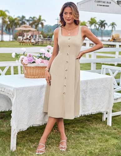 Image of GRACE KARIN Women's Summer Dress 2025 Casual Square Neck Flattering A-Line Button Down Midi Tank Sundress with Pockets