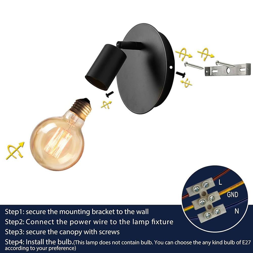 ZBZFGE Vintage Wandlampe Innen mit Schalter und Stecker Wandleuchte 360°+90° drehbar Holz Wandstrahler Schwarz Retro Industrie Wandbeleuchtung Metall für Schlafzimmer Wohnzimmer Treppenhaus