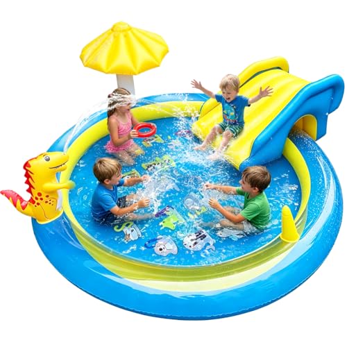 Dinosaur Inflatable Play Center, Kids Round Wading Swimming Pool with Slide, Dinosaur Sprinkle, Mushroom Shade for Kids Children Summer Outdoor Splish Splash, Garden Backyard Water Park, 87'x75'x31.5'