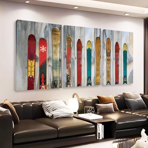 Vintage Old Skis Canvas Wall Art Snowboards Canvas Print Ski Pictures Wall Decor Old Styled Snow Ski Wall Art Skiing Artwork Rustic Wall Decor for Living Room Office (12 x 18 x 3 pcs)