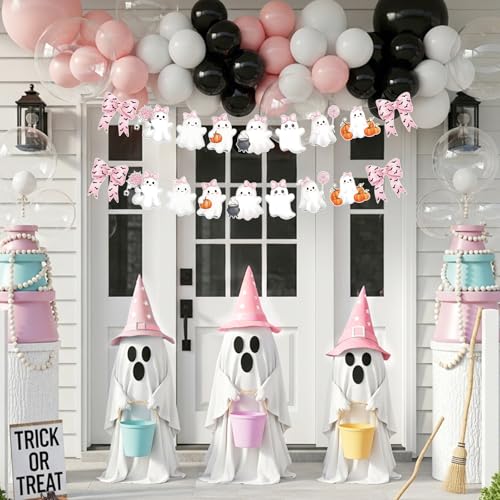 Image of Oudain 2 Pack Pink Halloween Garland Ghost Decor 6.56 ft Cute Pink Bow Bat Pastel Girly Paper Hanging Halloween Banner for Birthday Kids Party Boo Decor a Little Boo Is Almost Due Baby Shower