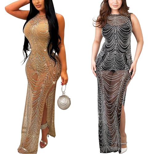Image of PORRCEY Women's Sexy Rhinestone Mesh See Through Party Night Prom Dress