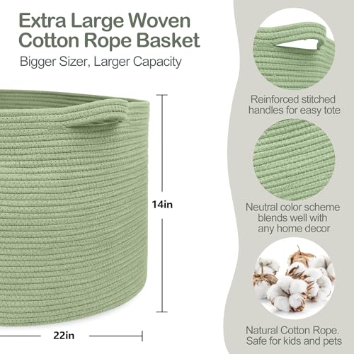 Image of MEGASKET Extra Large Green Basket, 22 inch X 22 inch X 14 inch Woven Cotton Rope Baskets for Blankets, Nursery Laundry Basket, Cute Kids Toy Storage Bin, Green Living Room Bedroom Decor Baskets for Organizing