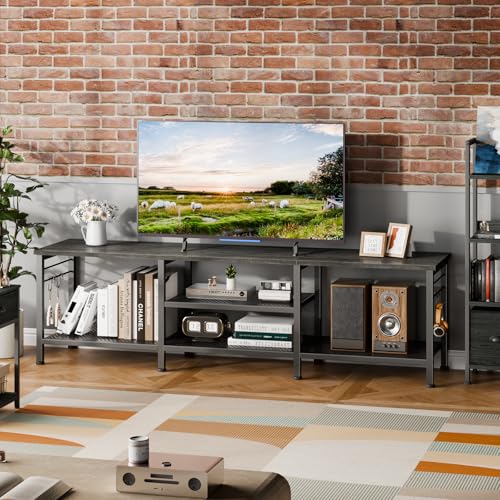 Image of Furologee 63 Inch TV Stand, Entertainment Center with Shelves, Black Oak | Console Table, Open Storage Shelves, 4 Hooks, for 65 /70 Inch TVs, TV Stands for Living Room, Bedroom