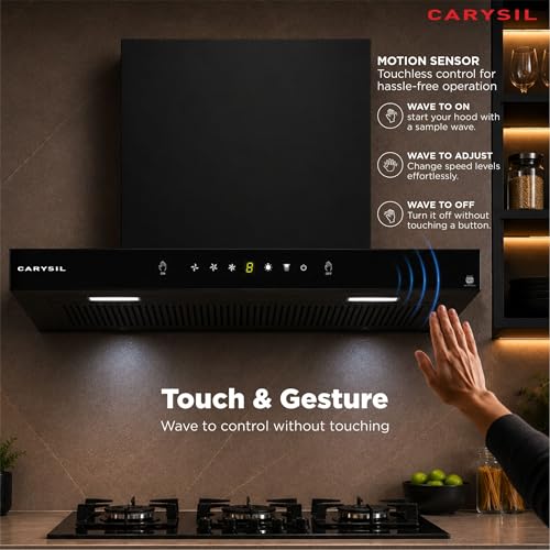 Image of Carysil AeroSync 90 cm Kitchen Chimney, T- Shape, 1500 m /hr Suction, Auto-Clean Filterless, 3-Speed Touch & Gesture Control, LED Lamp, 10-Year Warranty - Black