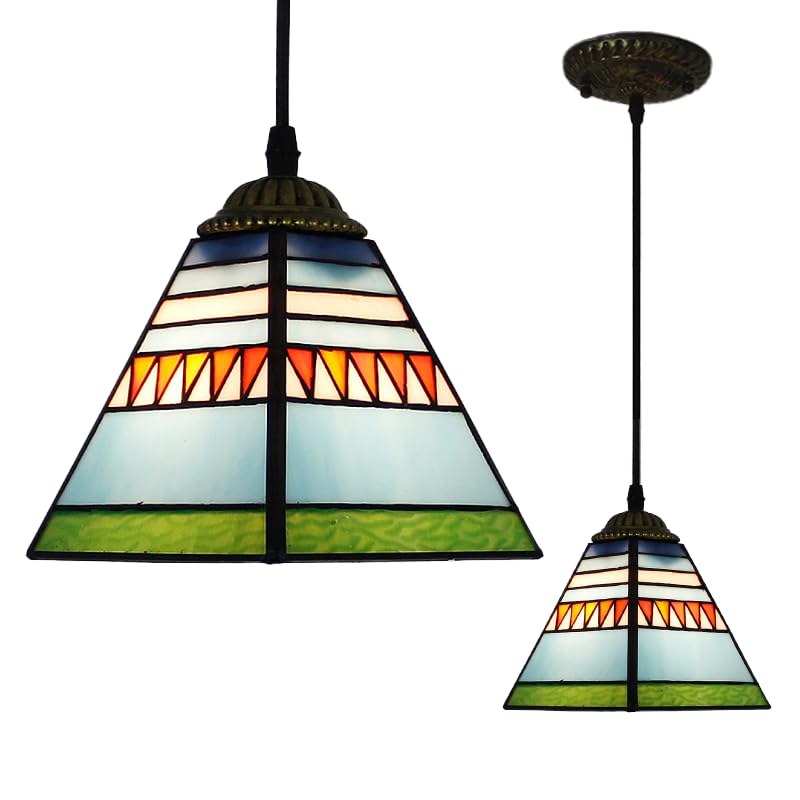 XINYASEE Tiffany Chandelier, Ceiling lamp, Pink Blue Lotus Pyramid Stained Glass Interior Decoration lamp, Vintage Chandelier for Bedroom Living Room Kitchen Island (Blue-B)