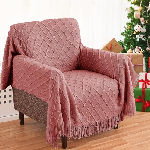 Coral Pink Knitted Throw Blanket with Tassels – Soft and Lightweight 50x60 for Couch and Bed, Perfect for Men and Women