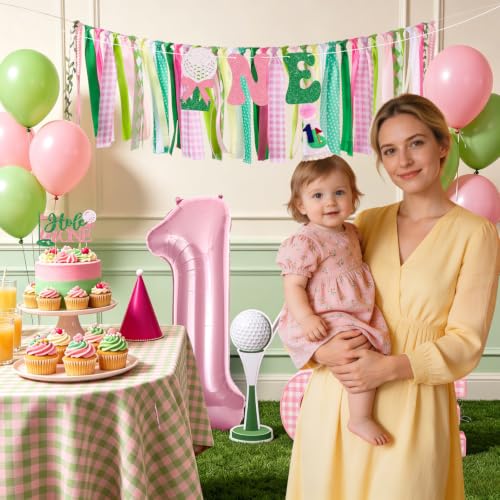 Image of Golf Hole in One Highchair Banner for First Birthday Party Decorations | Pink Green Golf High Chair Fabric Banner for 1st Birthday Backdrop Decorations Photo Props Baby Shower Party Supplies