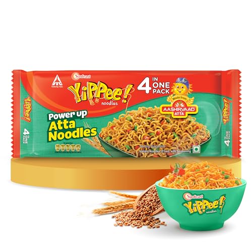 Sunfeast Yippee! Power Up Atta Noodles,Made with Aashirvaad Atta,Long,Non-Sticky,Instant Noodles,Delicious & Nutritious Snack,4 In 1 Pack,Vegetarian, 280 Gm/298 gm( weight may vary)