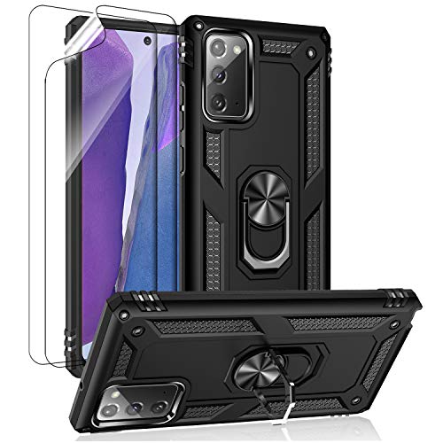 for Samsung Galaxy Note 20 Case, Note20 5G Case with HD Screen Protectors, Androgate Military-Grade Metal Ring Holder Kickstand 15ft Drop Tested Shockproof Cover Case for Galaxy Note 20 Black