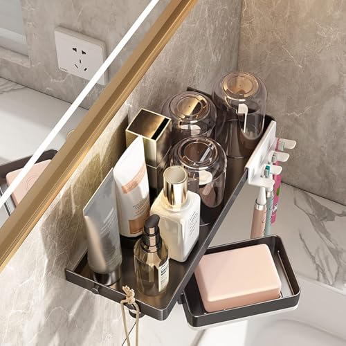 Image of SHALVI Self Adhesive Toothbrush Holder Storage Rack with Soap Dish /Wall Mounted Plastic Shelf Organizer for Bathroom Accessories and Hardware /Shelve with Soap Dish
