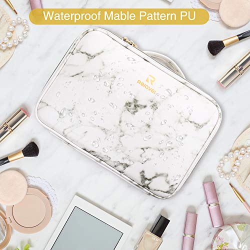 Relavel Makeup Bag Travel Makeup Train Case Large Cosmetic Case Professional Portable Makeup Brush Holder Organizer and Storage with Adjustable Dividers (Marble White)