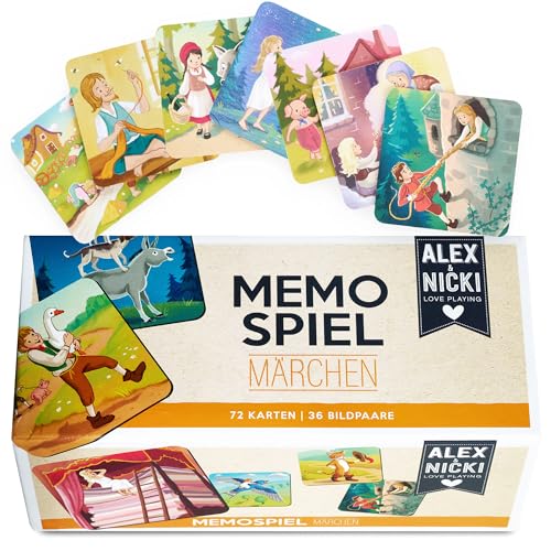 Alex & Nicki® Memory Spiel Märchen, Geschenk Mädchen 4 Jahre, Geschenk Junge 4 Jahre, Spielzeug ab 4 Jahre Junge & Mädchen, Kartenspiel ab 4 Jahre, Kinderspiele, Memory Erwachsene, Memo, Memories