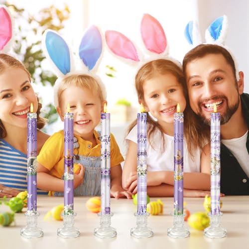 Image of Aurelema 6 Pcs Easter Flameless Candle Set He is Risen LED Flameless Taper Lent Candles with Battery Operated Purple Cross Christian Celebration Candles with Remote for Easter Spring Home Decor Gifts