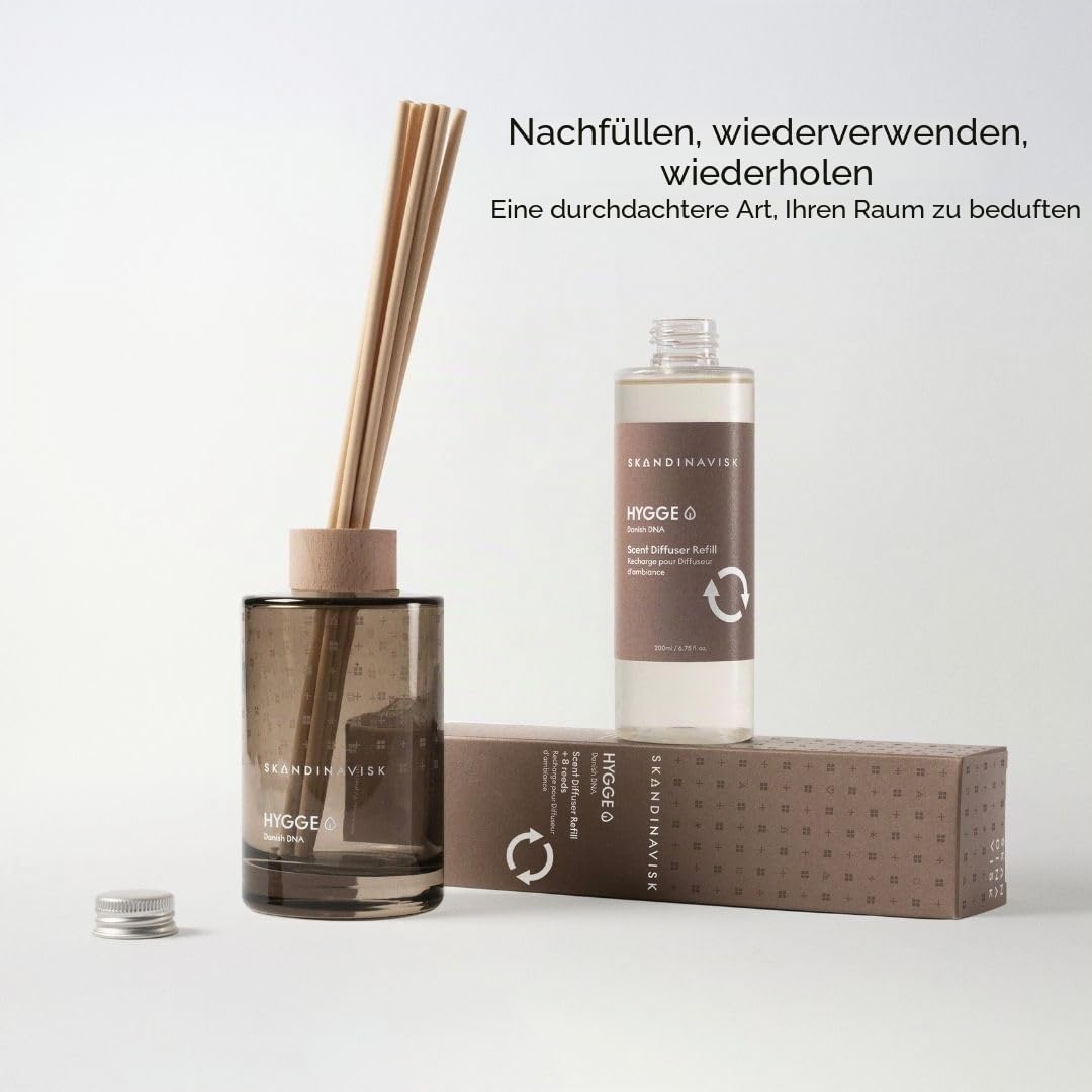 Skandinavisk Hygge 'Gemütlichkeit' Duftstäbchen Diffuser Nachfüllung mit 8 Stäbchen. Duftnoten: Schwarzer Tee, Minzblätter, Äpfel und Zimt. 200 ml.