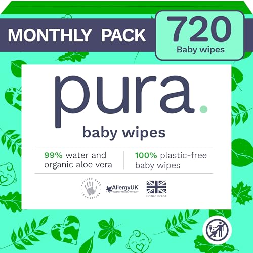 Pura Öko-Feuchttücher für empfindliche Babyhaut, 720 Tücher (12 x 60 Tücher), Monatsbox, 99% Wasser, 100% plastikfrei, biologisch abbaubar, Hautfreundlich bei Neurodermitis, Neugeborene