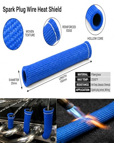 Image of Spark Plug Wire Boots Cover - 8 PCS 2500 Spark Plug Heat Sleeve, 6 Inches Spark Plug Wire Heat Shield Protector Protection Replacement for LS1 / LS2 SBC BBC 350 454 Car Truck, Blue