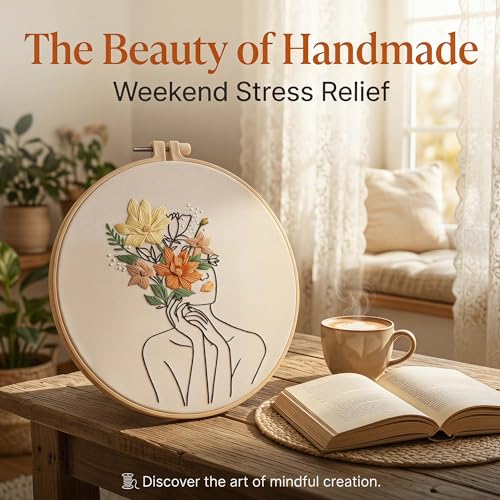 Image of Harimau Adult Beginner Embroidery Starter Kit, Complete Set with 4 Patterns, 2 Hoops, Needles, Scissors, Instruction Guide & Stitching Video Tutorials