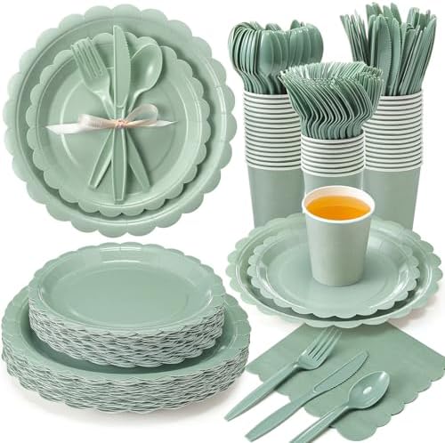 350 Pcs Sage Green Plates and Napkins, 50 Guest Spring Party Supplies Include Scalloped Paper Plates Napkins Cups Plastic Spoons Forks Knives Disposable Tableware Set for Baby Shower