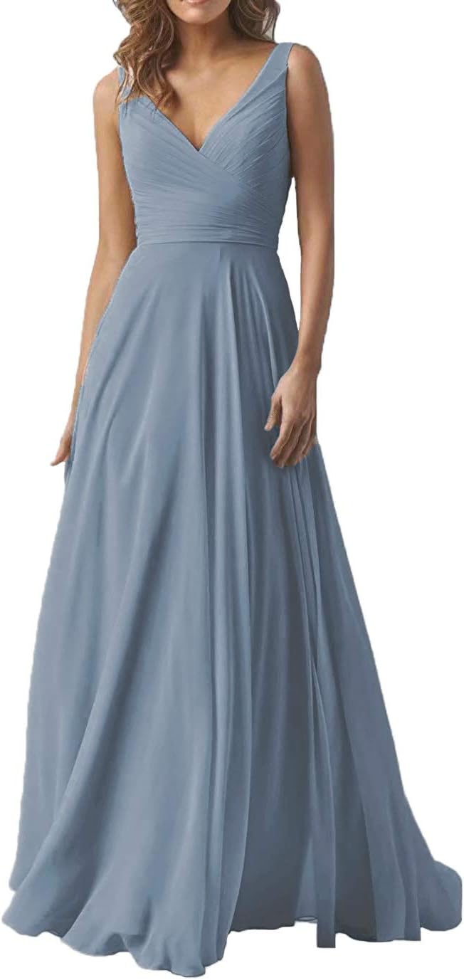 Dusty Blue Double V-Neck Formal Evening Dress Long Chiffon Wedding Bridesmaid Party Dreses for Women