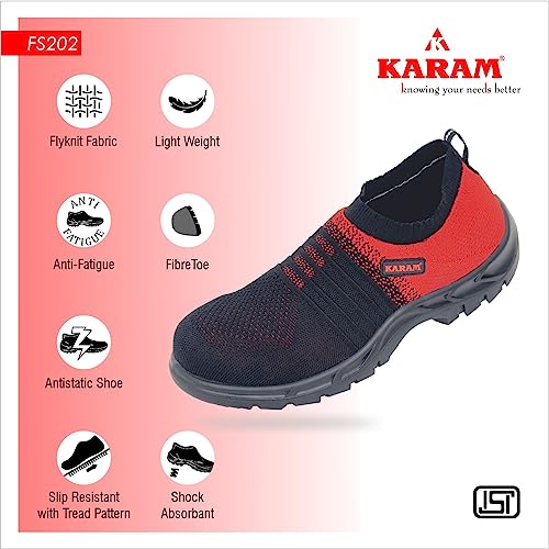 Image of KARAM Flytex FS202 Safety Shoes for Men | Sporty Design, Lightweight with Single Density | Antistatic, Antislip, Oil & Heat Resistant with Fiber Toe | Red & Black | Size-07