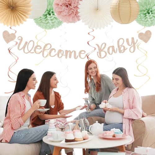 Image of Sage-Green Pink-Beige Baby-Shower Party-Decorations - 36pcs Welcome Home Banner Sign,Girl Paper Lanterns,Neutral Streamers Garland,Boho Tissue Pom Poms Flowers Fans Backdrop Decor Burgleda