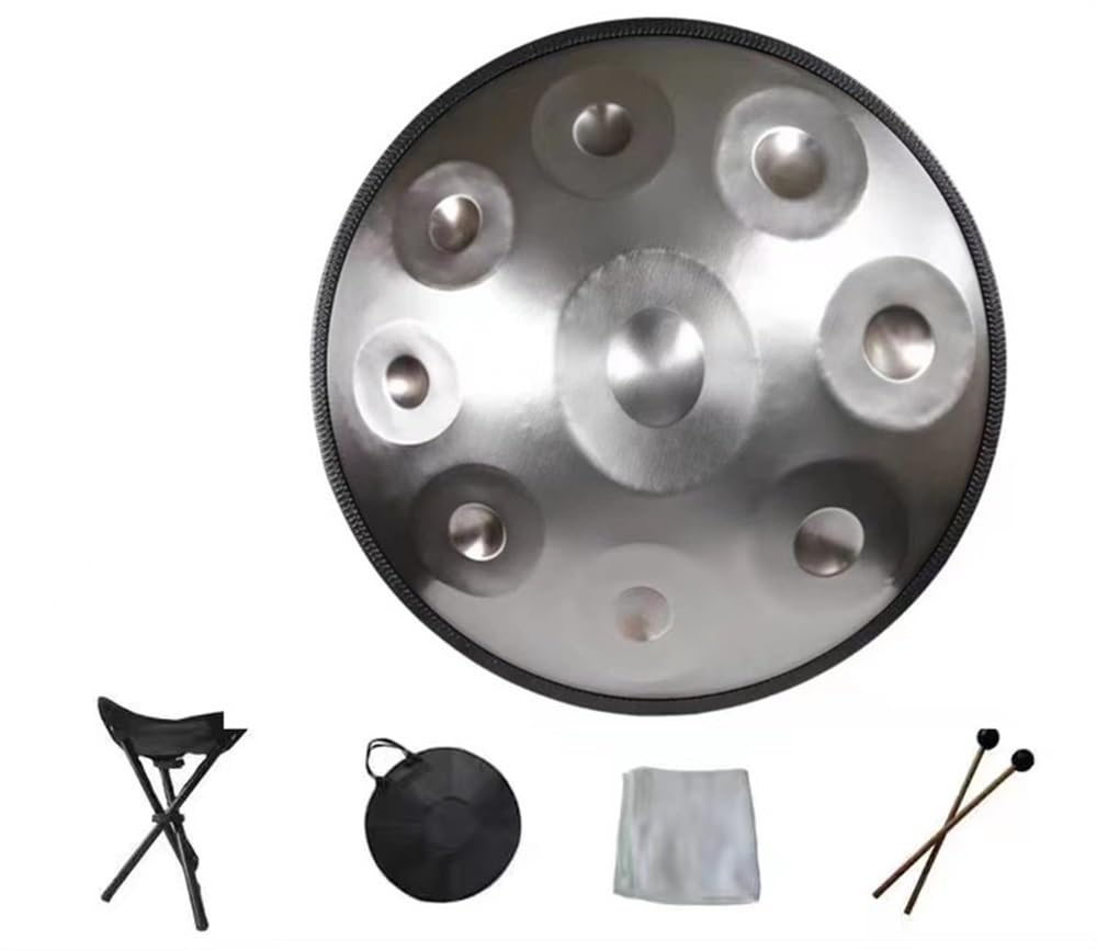 Zestawy perkusji Handpan, w tonacji g-moll 440 Hz, 9 nut, 18 cali, bęben ręczny ze stali nierdzewnej, bęben ręczny ze stali nierdzewnej z miękkim pokrowcem na Handpan, stojak na Handpan (kolor: sreb