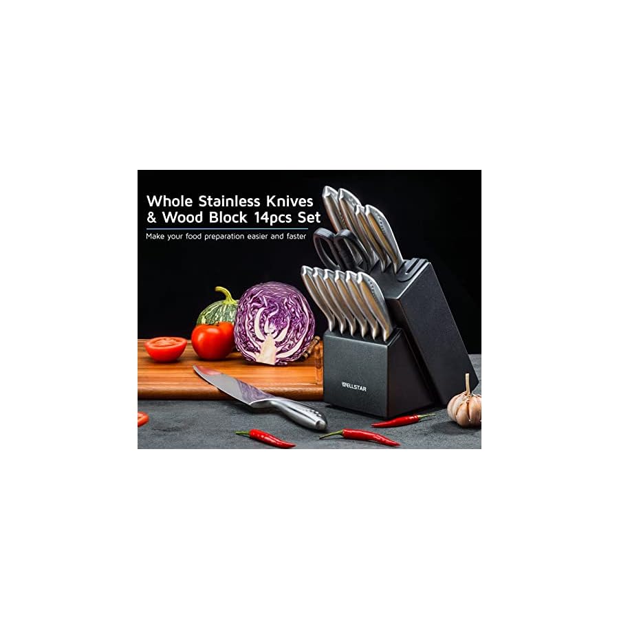 WELLSTAR Knife Set, Super Sharp German Stainless Steel Kitchen Knives Set with Wooden Block, Durable All Stainless Steel Handle, Chef’s Knife Block Set 14-Piece with Scissors and Built-in Sharpener