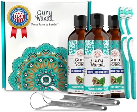 GuruNanda Oil Pulling Alcohol Free Mouthwash with Vitamins, CocoMint, 3x8oz