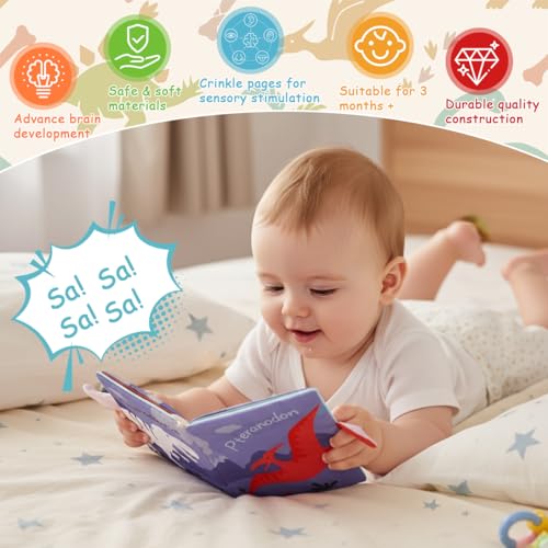 Image of SNOWIE SOFT 3D Baby Cloth Dinosaur Book 0-3 Years Soft Fabric Rustle Mirror | Sensory Play, Easy Grip Pages for Little Hands, High Contrast Patterns, Crinkle Sound, Washable Cloth, Reflective Panel