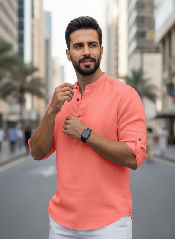 Image of Men Cotton Blend Mandarin Collar Casual Kurta Shirt | Roll-Up Sleeves | Regular Fit Ethnic Short Kurta for Daily