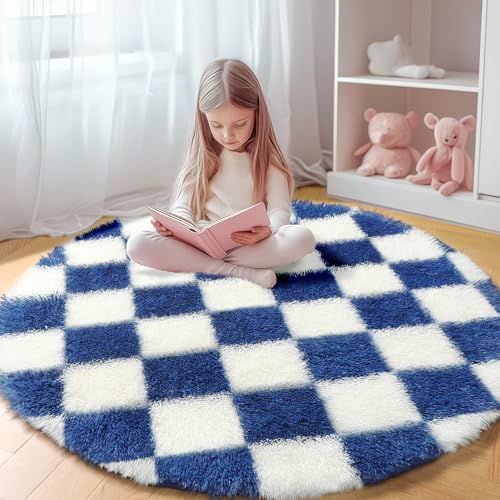 Image of KICMOR Round Rug 4ft for Bedroom, Soft Fluffy Circle Area Rug Cute Small Living Room Carpet, Blue and Cream White Fuzzy Shag Shaggy Checkered Circular Rug for Kids Room Nursery Home Decor Aesthetic