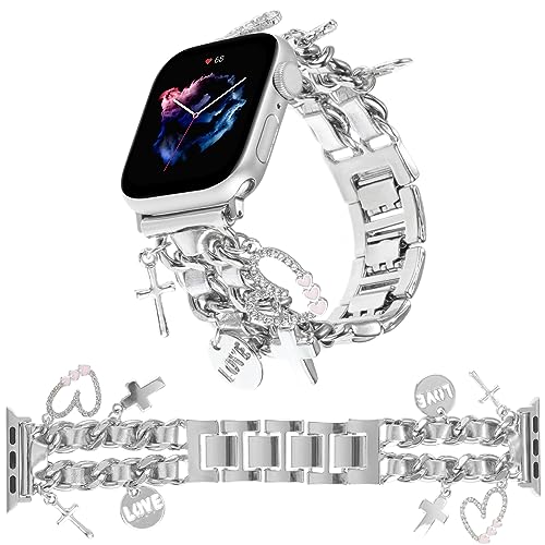 REALSIGN Stylish Metal Wristband Compatible with Apple Watch Band 42mm 44mm 45mm 49mm,Cuban Chain Bracelet with Cross Love Diamond Strap for iWatch Series 8 7 6 5 4 3 2 1 Ultra SE Charms for Women Girl (42/44/45MM,Silver+Silver Leather)