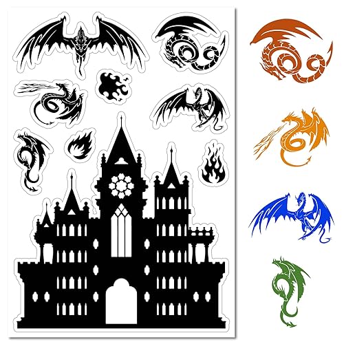 CRASPIRE Castillo Vintage Sellos de Goma Transparentes Estilo Medieval Dragón Occidental Dragón Que Escupe Fuego Bola de Fuego Matasellos Retro Transparente Sellos de Silicona Sello Fabricación