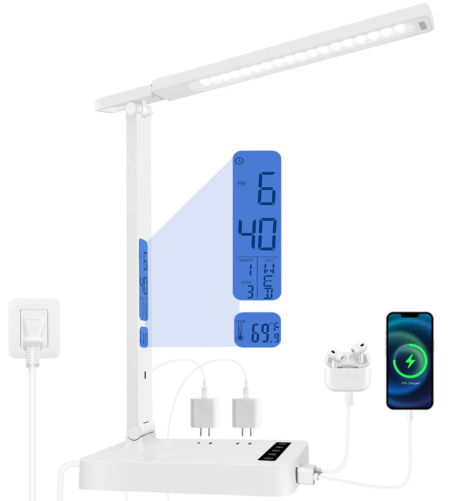 karidi Smart Desk Lamp with Digital Clock, 4-in-1 Charging Station (2 AC Outlets, Type-C, USB-A Ports), Temperature Display, 5 Color & Brightness Settings, Ideal for Offices & Bedrooms