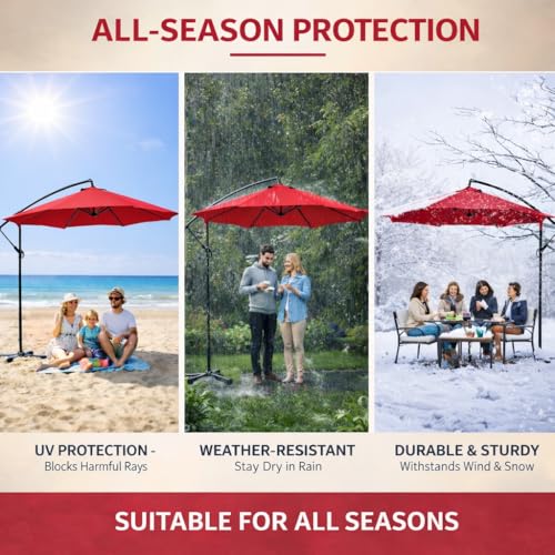 Image of Hukimoyo 10Ft Diameter Large Outdoor Patio Cantilever Offset Umbrella with Base Stand, Waterproof Heavy Duty Garden Parasol Sun Shade Canopy, Side Pole Umbrella for Backyard, Poolside, Deck, Lawn, Terrace, Cafe.