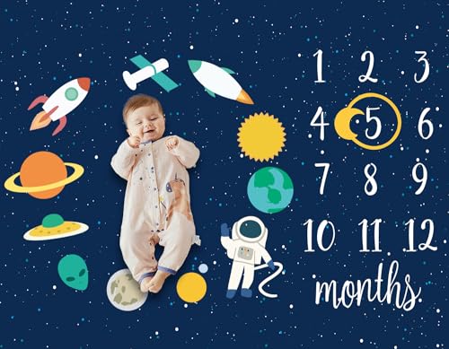 Image of DCOOLGO Baby Monthly Milestone Star Astronaut Boy Blanket - Newborn Swaddle, Party Favors, Photography Backdrop Props, Dark Party Supplies 40 * 50IN