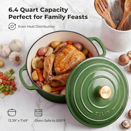 Image of Zulay Kitchen 6.4QT Enameled Cast Iron Dutch Oven Pot with Lid, Heavy-Duty Soup Pot for Stews, Braising, Roasting & Sourdough Bread Baking, Oven Safe up to 500F - Green