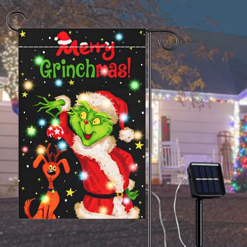 TAKEN Christmas Garden Flag, Merry Grinchmas Decor Outdoor Winter Yard 18' x 12' Double Sided Flags for Christmas Front Porch Decorations with LED Solar Light