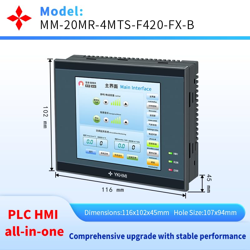 Image of 4 Inch PLC HMI All in One Integrated Programmable Logic Controller, FX1S-20MR with 12 Input 8 Relay Output, Built-in 2AD and 2DA, 2 Temparature NTC10K, 2 High Speed 100KHz (F420-FX-B)