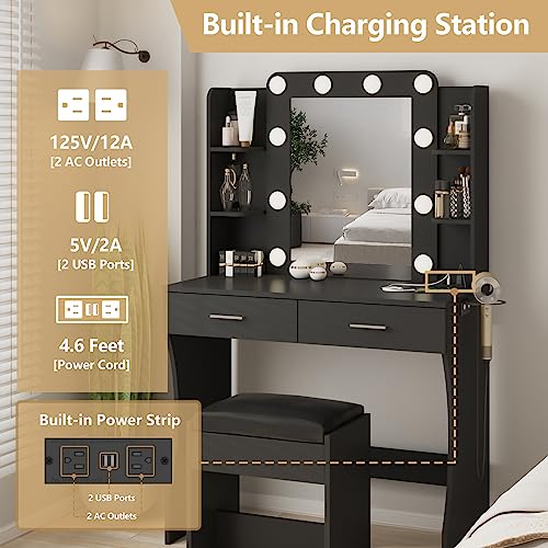 Image of Vabches Vanity Desk with Lights,Makeup Vanity with Power Strip,Black
