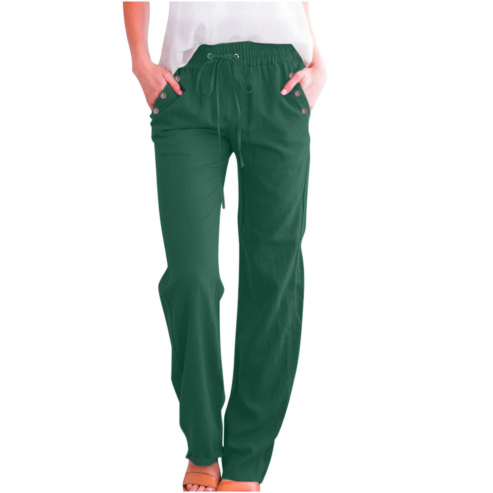 Womens Linen Wide Leg Pants High Waist Flowy Palazzo Pants with Pockets Cotton Linen Drawstring Casual Work Trousers