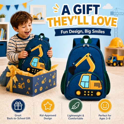 Image of LOIDOU Kids Backpack with Lunch Box Set, Toddler Preschool Boys Backpack with Chest Strap, Water resistant 15 Inch Excavator Backpack LunchBox Combo for Kindergarten Daycare Travel