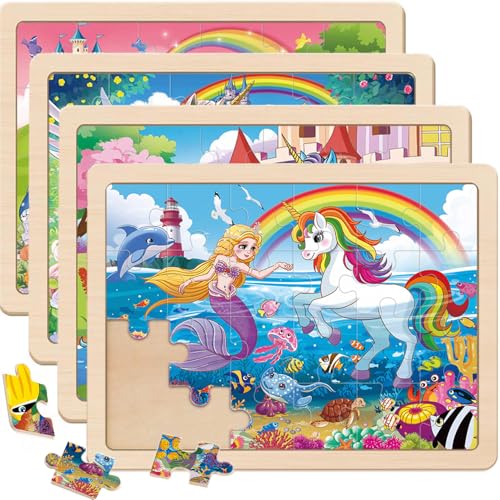 Puzzles for Kids Ages 4-6, Large 24 PCs Unicorn Mermaid Princess, Wooden Jigsaw Puzzles for Toddlers, Preschool Educational Puzzles Toys Gifts for Girls 3 4 5 6 Years Old.