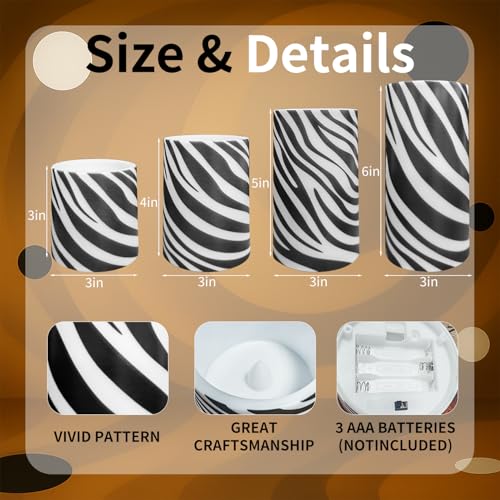 Image of 4Pcs Zebra-Stripe Printed Flameless Candles with Timer Remote | Animal Lover,Black and White Decor,Animal Theme Party Home zebra Decor