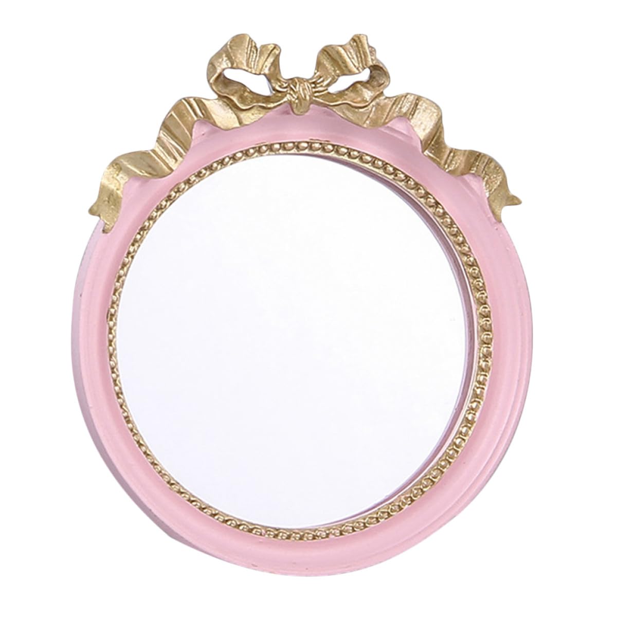 Clearlin Portable round Handheld Makeup Mirror for Women, Pink Resin Bowknot Design, Single-sided Compact Mirror for Travel and Daily Use