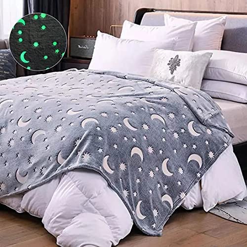 Image of Glow-in-The-Dark Polar Fleece Blanket for Kids - Soft Lightweight Single Bed Blanket (200x152 cm) | All-Season Jacquard Print, Assorted Multicolor - Unicorn Design (Grey)